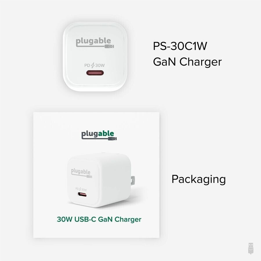 Plugable PS-30C1W GaN USB-C Portable Charger Block 30W Foldable Prongs White