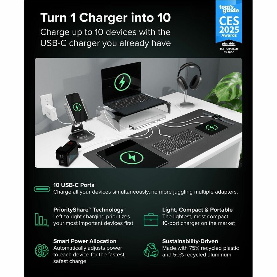 Plugable PS-10CC 10 Port USB-C 100W Charging Station Priority Charging Ports