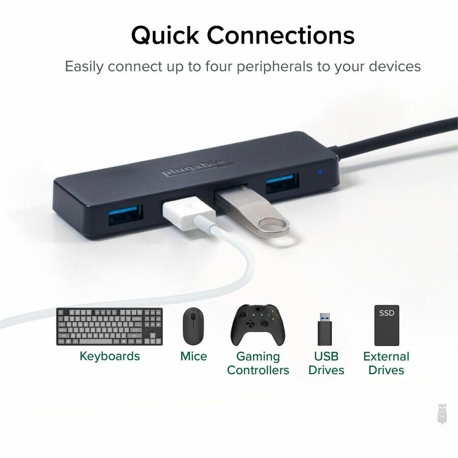 Plugable USB3-HUB4A 4 Port USB 3.0 Hub USB Laptop Splitter 640Mbps Data Transfer