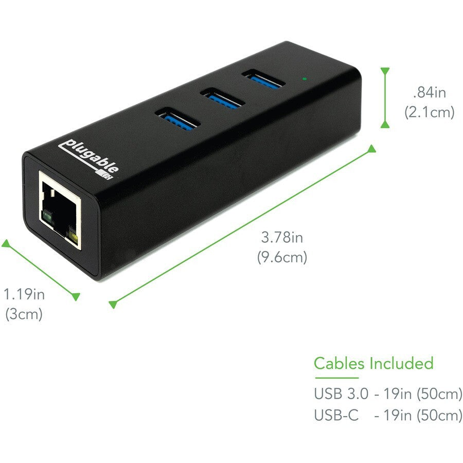 Plugable USB3-HUB3ME 3 Port USB Hub 3.0 Bus Powered Hub With Gigabit Ethernet