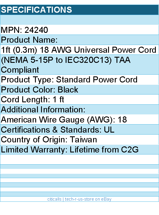 C2G 24240 1ft Universal Power Cord - 18 AWG - NEMA 5-15P to IEC320C13 - Black