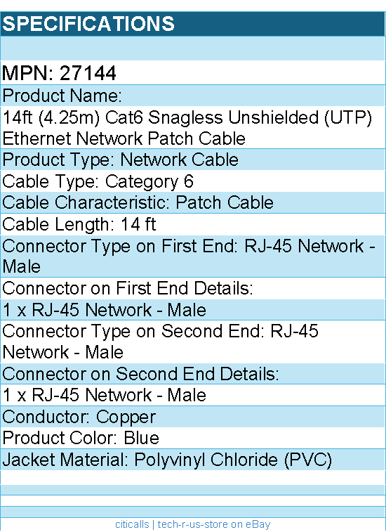 C2G 27144 14ft Cat6 Ethernet Cable - Snagless Unshielded (UTP) - Blue