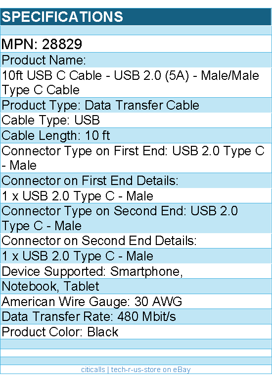 C2G 28829 10ft USB C Cable - USB 2.0 5A - M/M for Smartphone, Notebook, Tablet