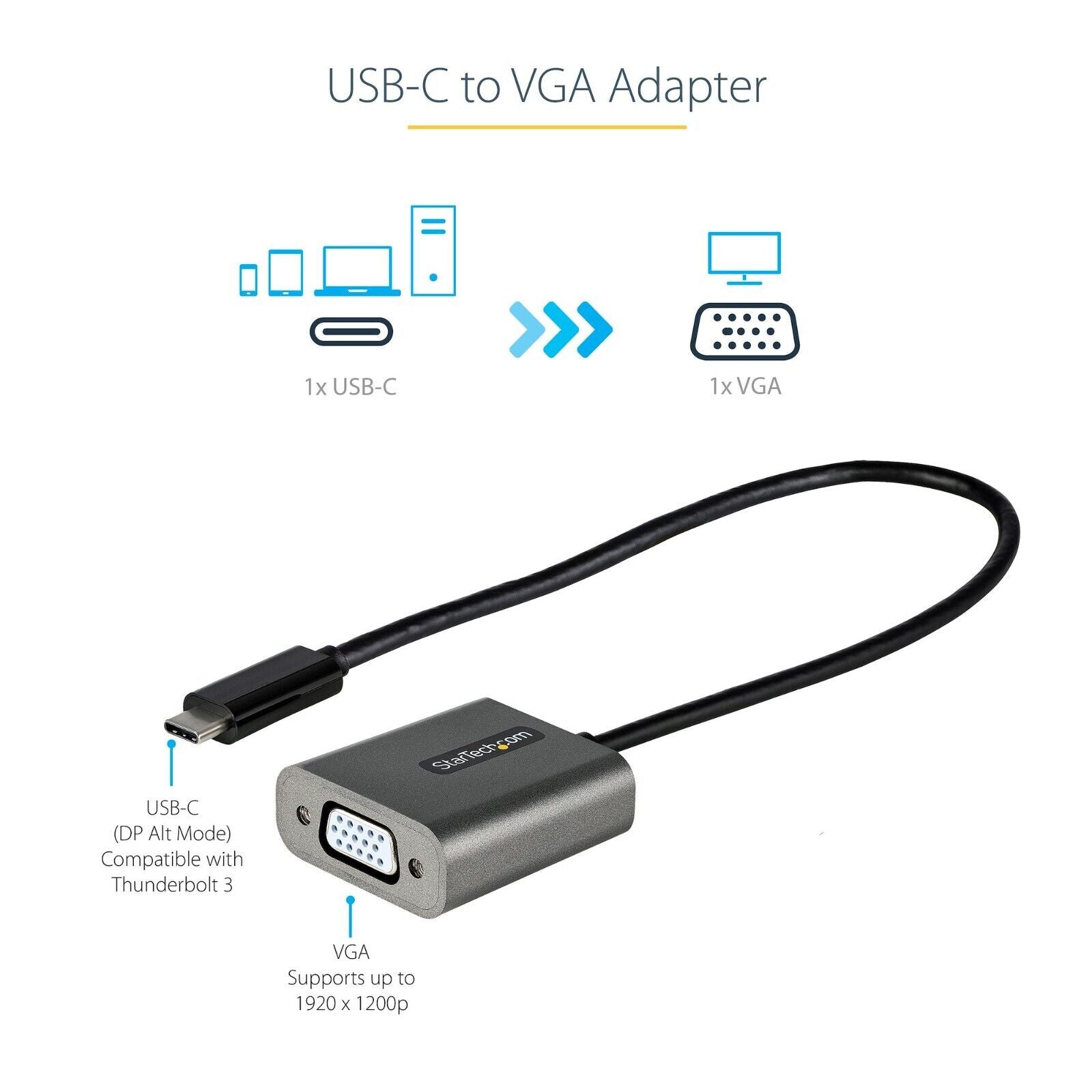 StarTech CDP2VGAEC USB C to VGA Adapter, 1080p USB Type-C to VGA Adapter Dongle,