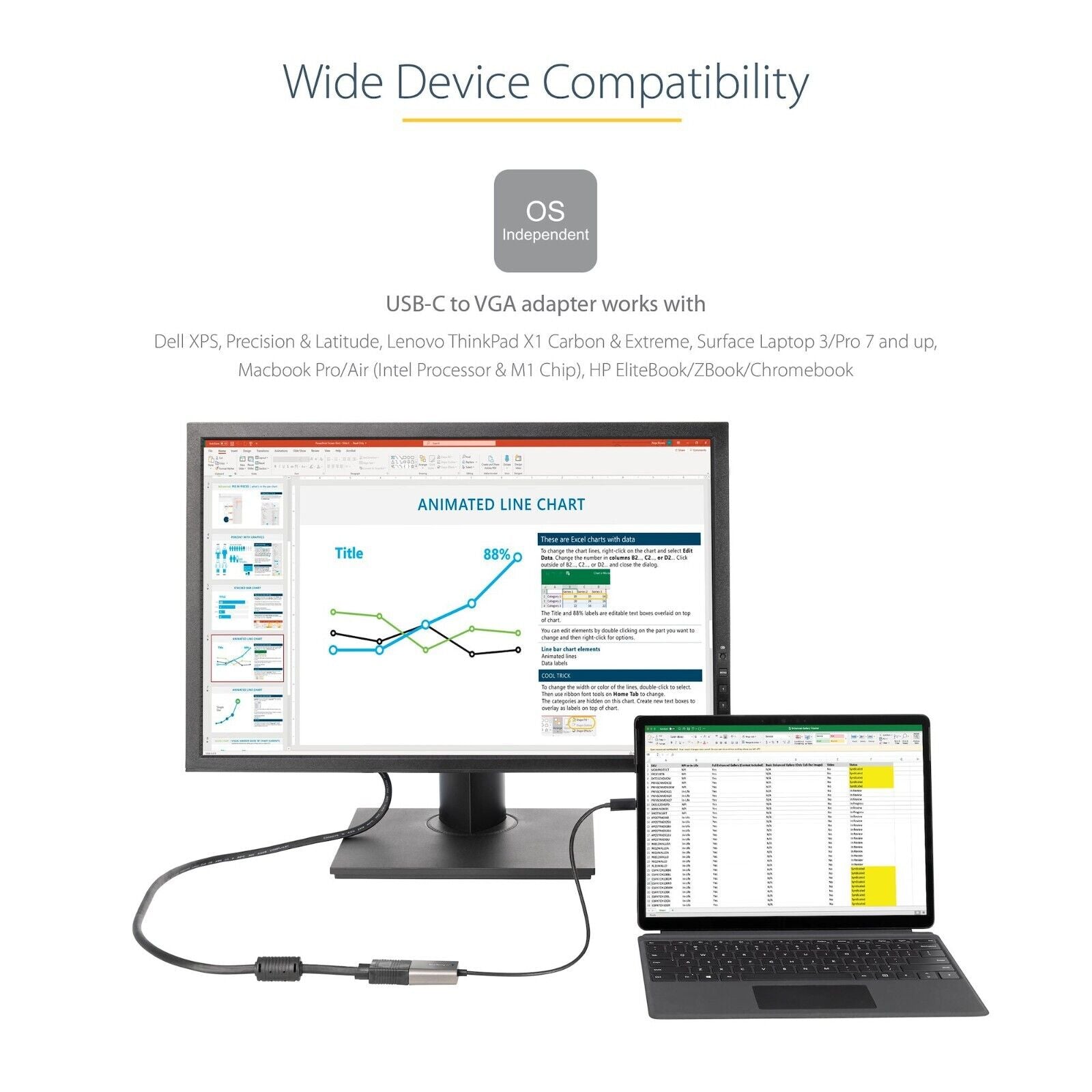 StarTech CDP2VGAEC USB C to VGA Adapter, 1080p USB Type-C to VGA Adapter Dongle,