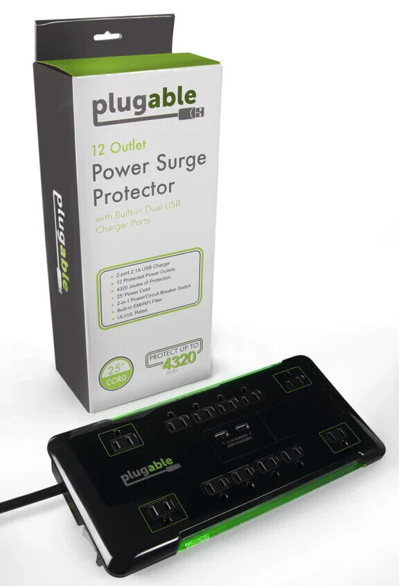 Plugable PS12-USB25 Surge Protector Power Strip with USB and 12 AC Outlets