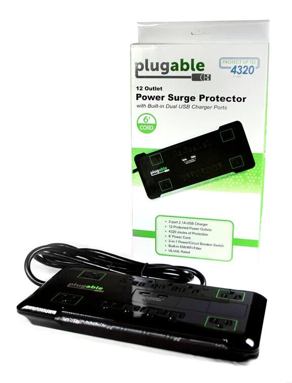 Plugable PS12-USB2B Surge Protector Power Strip with USB and 12 AC Outlets