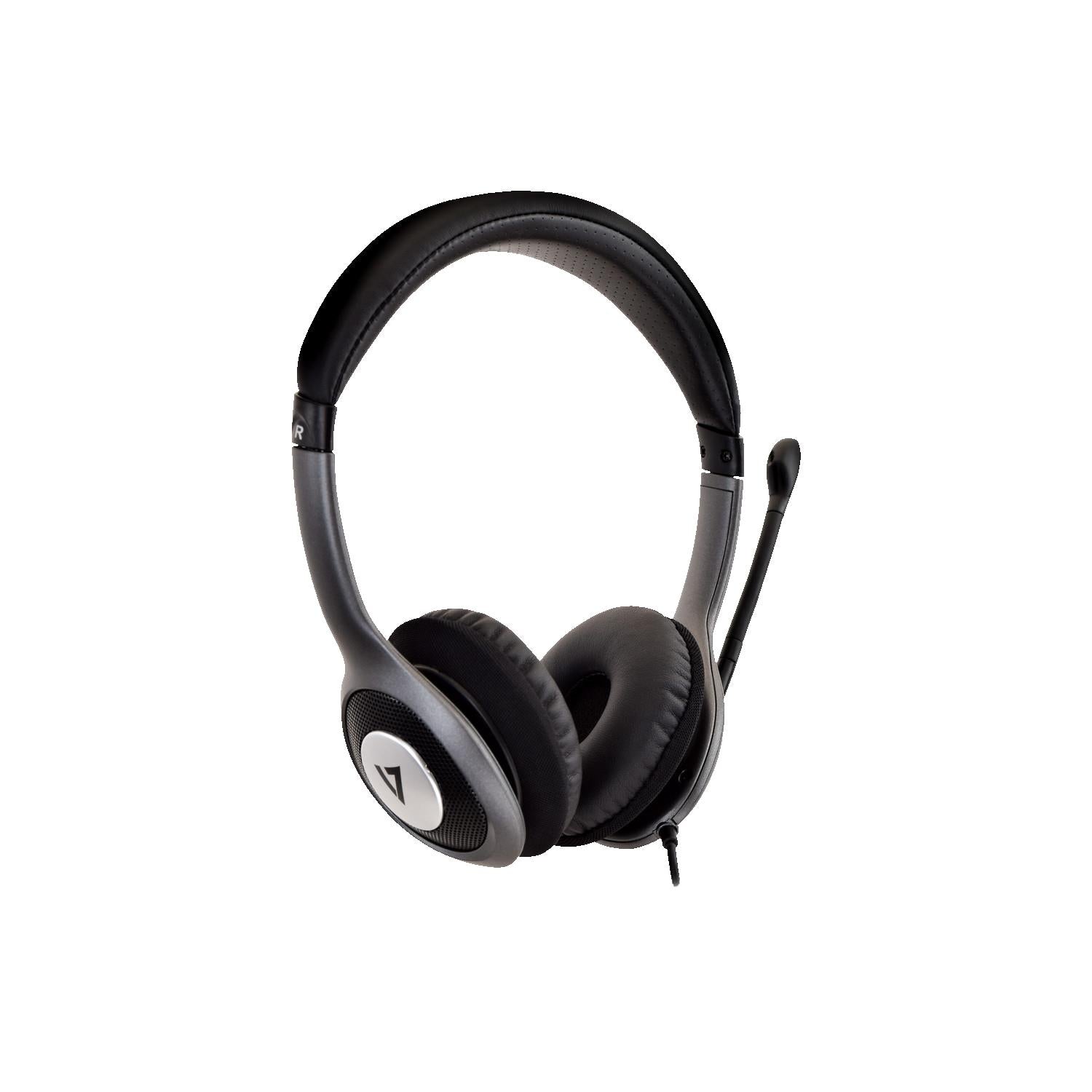 V7 HU521-2NP Deluxe USB Stereo Headphones with Microphone Gray Black w 6FT Cord