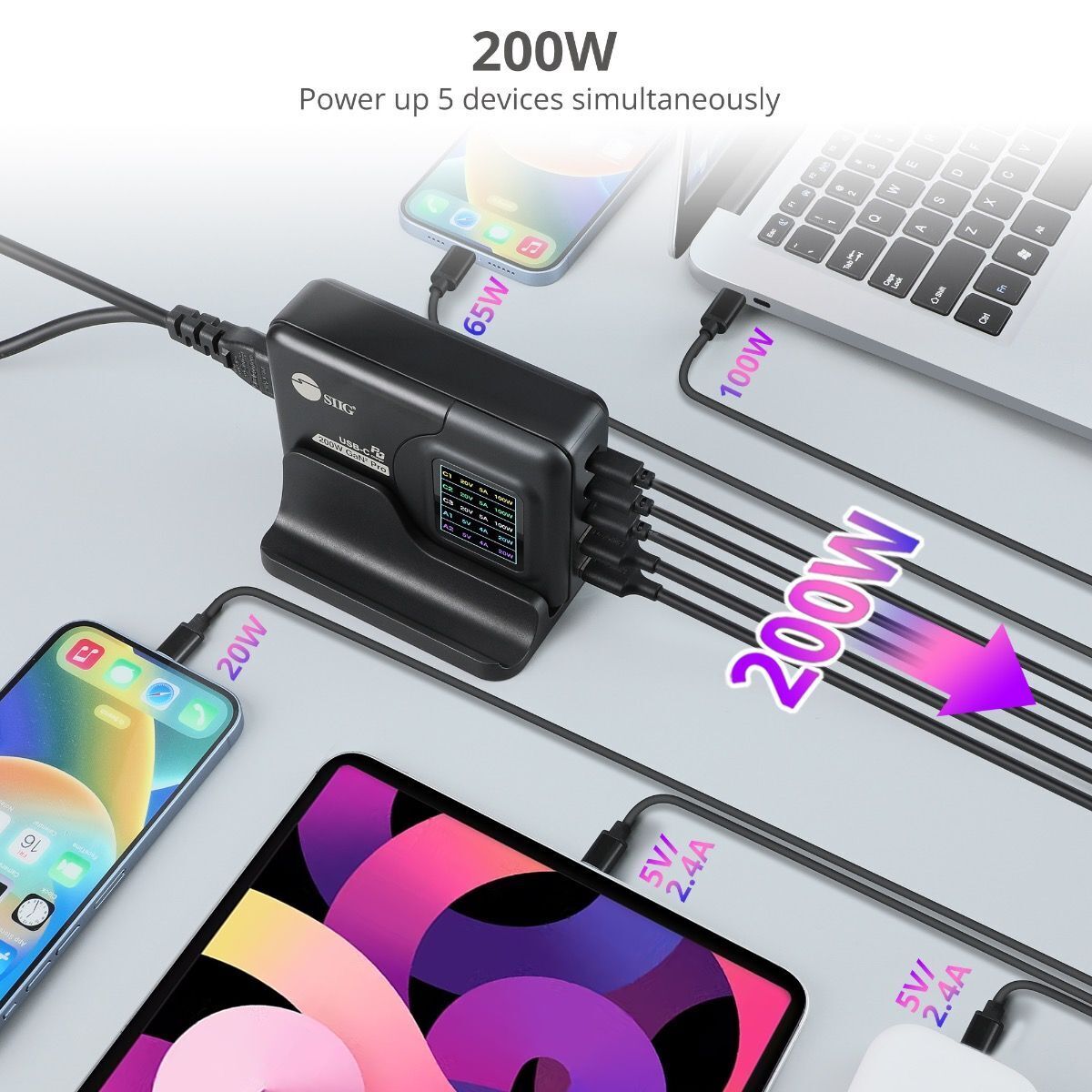 SIIG AC-PW1Y11-S1 200W GaN PD Charger with Charging Display- 3C2A