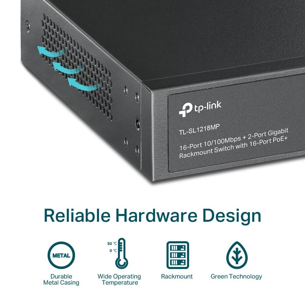 TP-Link TL-SL1218MP 16 Port 100Mbps PoE+ 2 Giga RJ45 2 SFP Unmanaged Switch