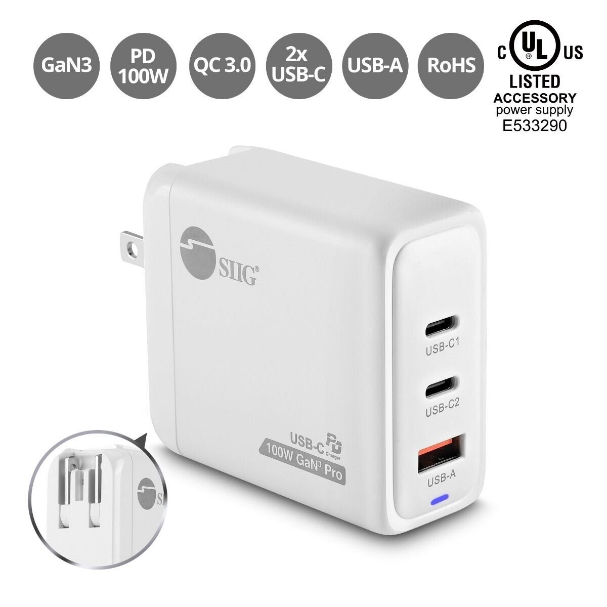SIIG AC-PW1Z11-S1 100W GaN PD Combo Charger 2C1A 2x USB-C + 1x USB-A Retail