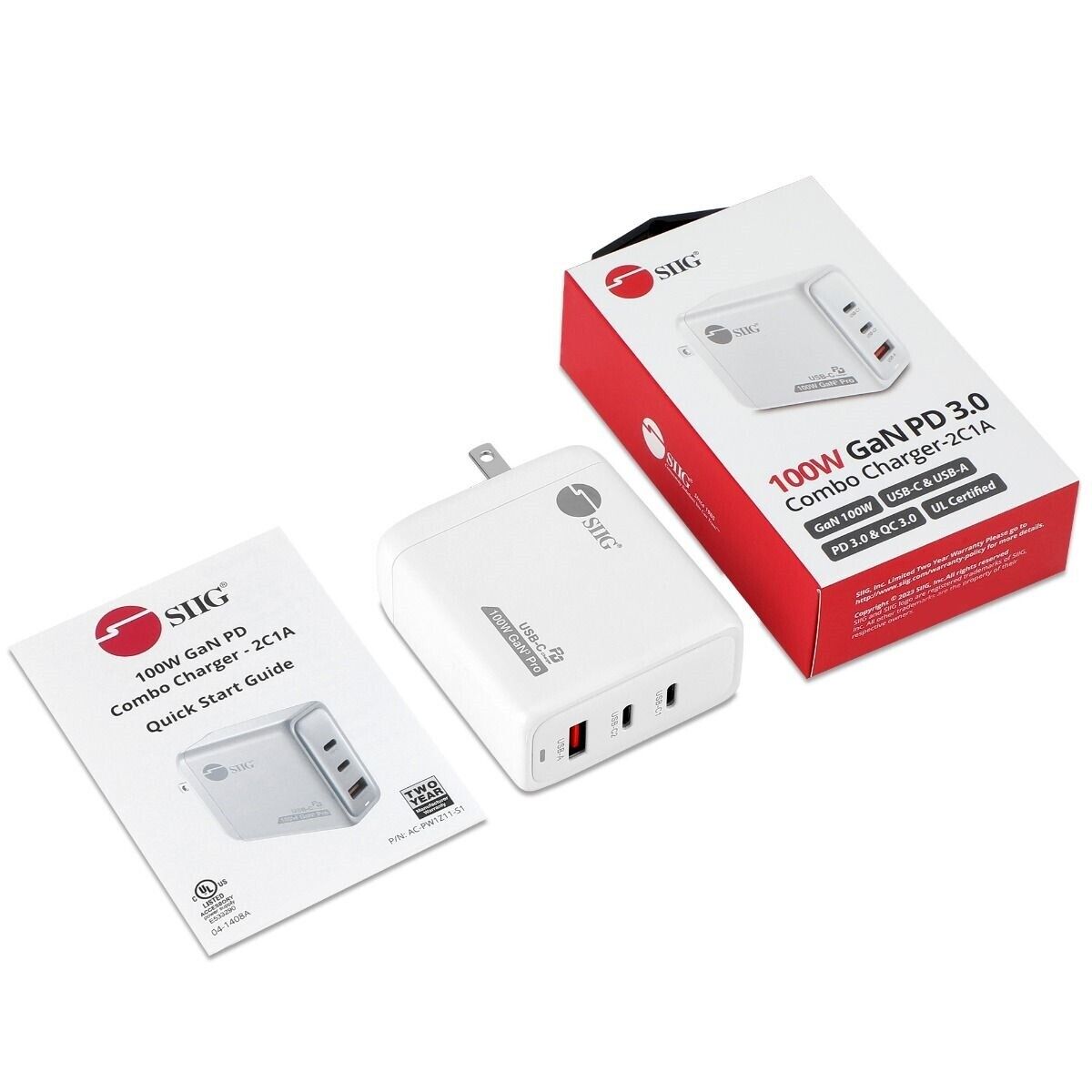 SIIG AC-PW1Z11-S1 100W GaN PD Combo Charger 2C1A 2x USB-C + 1x USB-A Retail