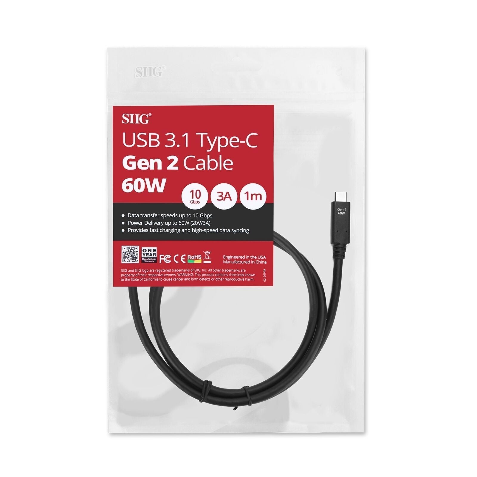 SIIG CB-TC0E11-S1 USB 3.1 Type-C Gen 2 Cable 60W 1M 10Gbps Brown Box