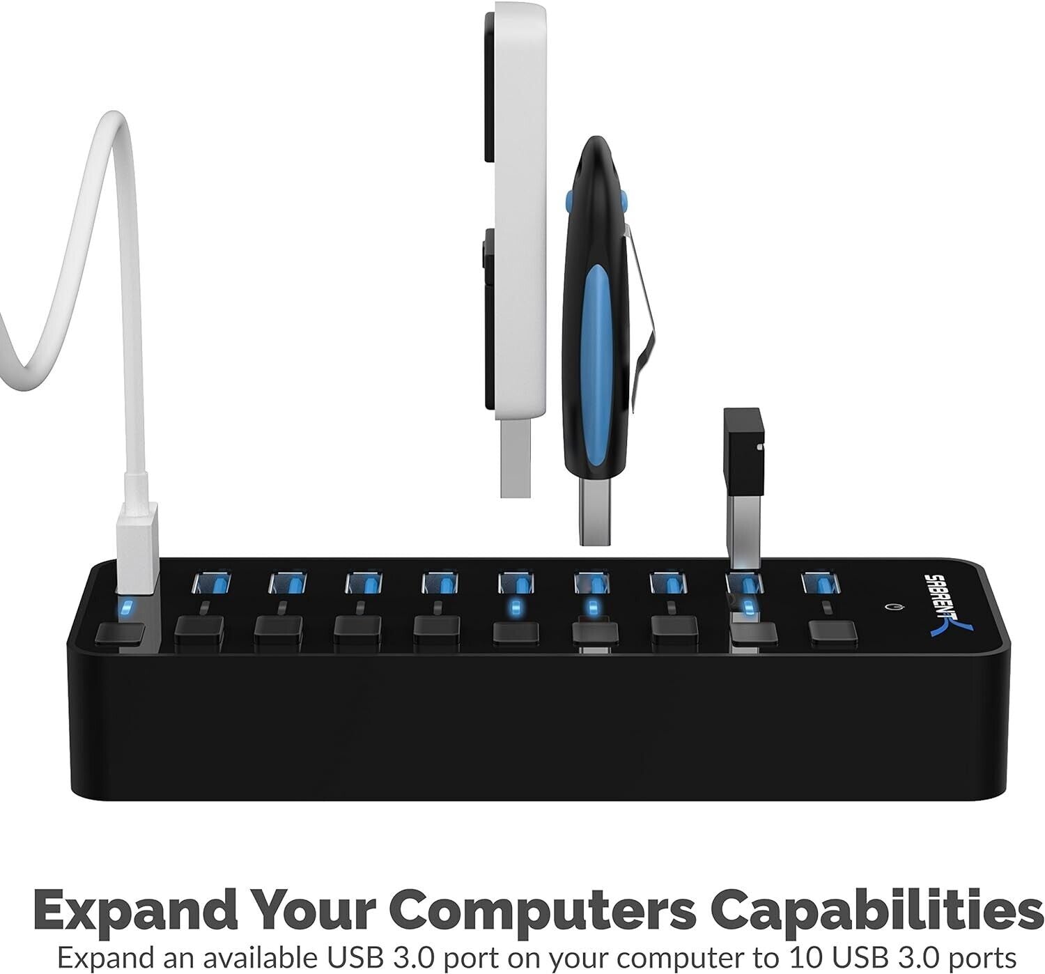 Sabrent HB-BU10 10 Ports USB 3.0 HUB w Individual Switches & LEDS PC Windows MAC