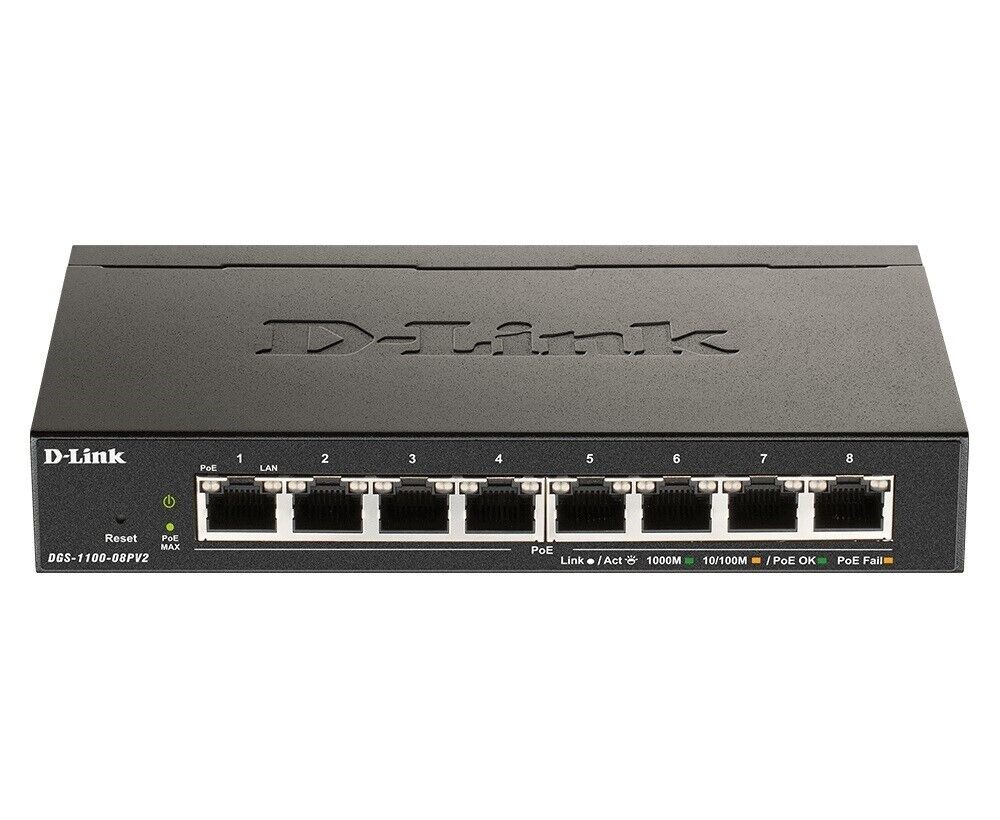 D-Link DGS-1100-08PV2 8 Port Smart Managed Gigabit PoE+ Switch 64W Metal Black