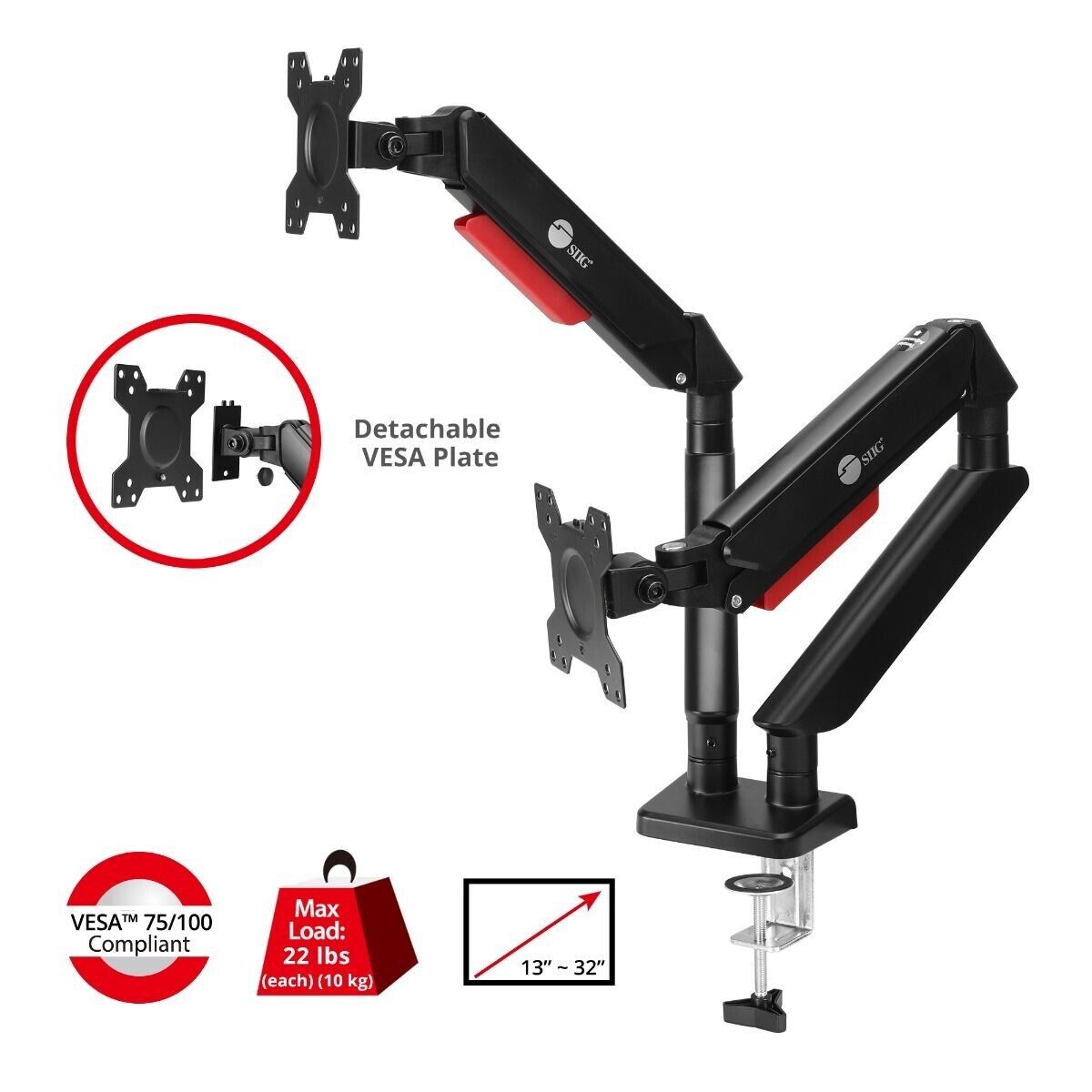 SIIG CE-MT3Y11-S1 Dual Monitor Gas Arm Desk Mount upto 32" 22 lbs VESA 75 100mm