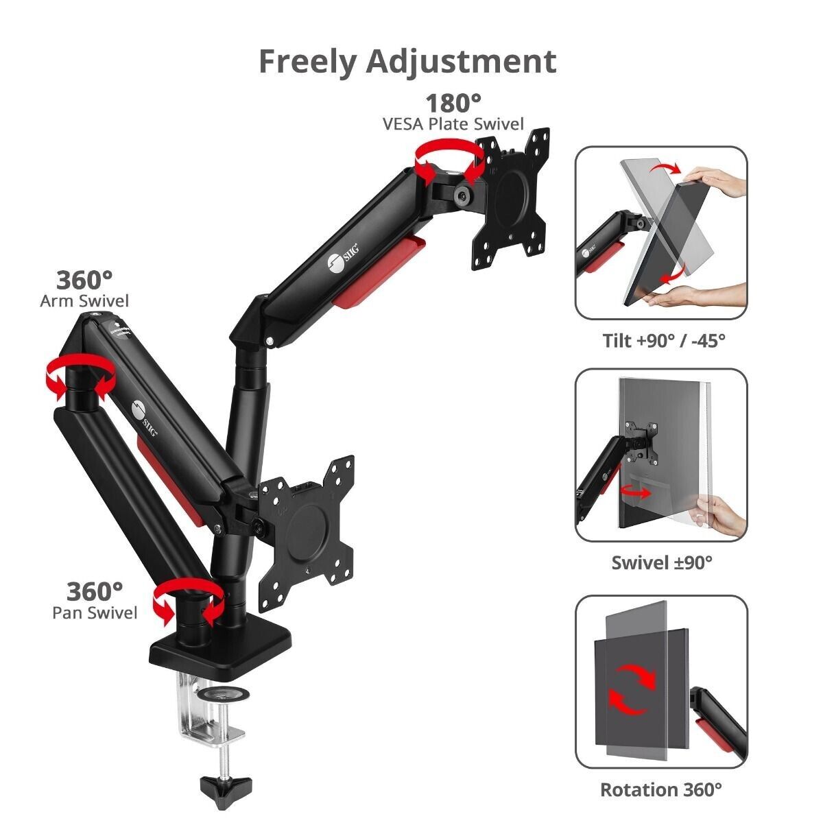SIIG CE-MT3Y11-S1 Dual Monitor Gas Arm Desk Mount upto 32" 22 lbs VESA 75 100mm