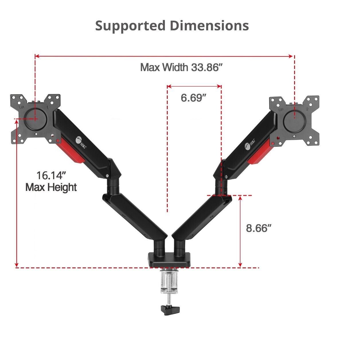 SIIG CE-MT3Y11-S1 Dual Monitor Gas Arm Desk Mount upto 32" 22 lbs VESA 75 100mm