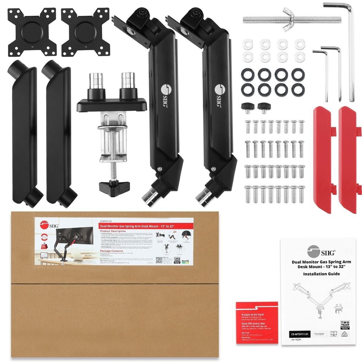 SIIG CE-MT3Y11-S1 Dual Monitor Gas Arm Desk Mount upto 32" 22 lbs VESA 75 100mm