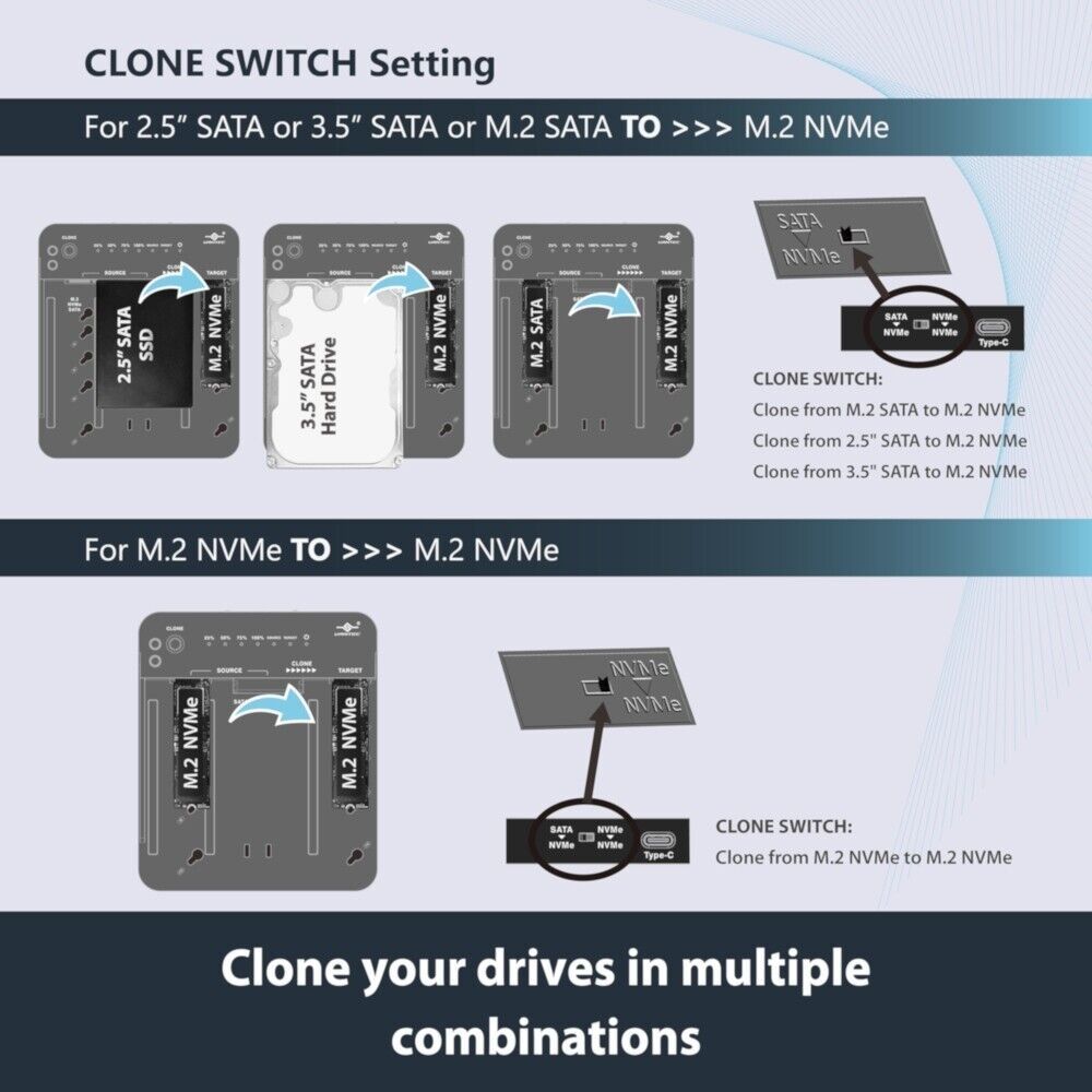 Vantec CB-M2NVME-C3 Multi-Function M.2 NVMe Driver SATA Adapter w Clone Software