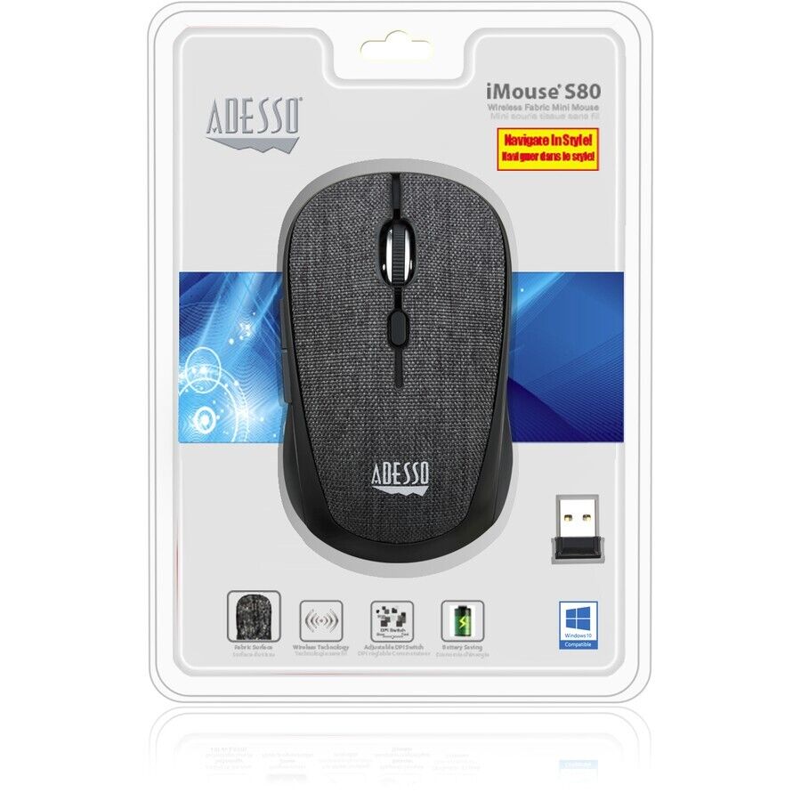 Adesso iMouse S80B Wireless Fabric Finish Mini RF Mouse 1600dpi 6 Buttons Tilt