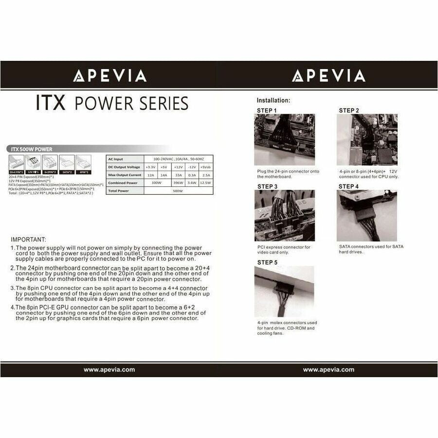 Apevia ITX-PFC500W 500W Power Supply Black ATX, 1U, Mini-ITX/Flex ATX, Internal