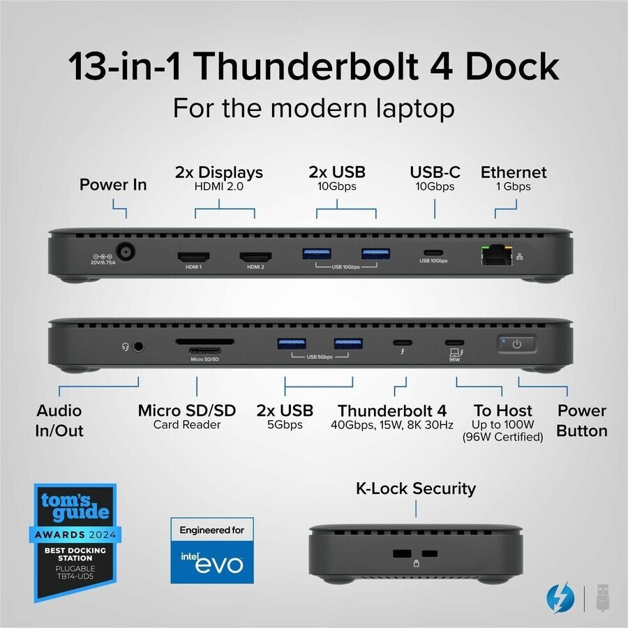 Plugable TBT4-UD5 Thunderbolt 4 Docking Station Dual Monitor 100W Charging