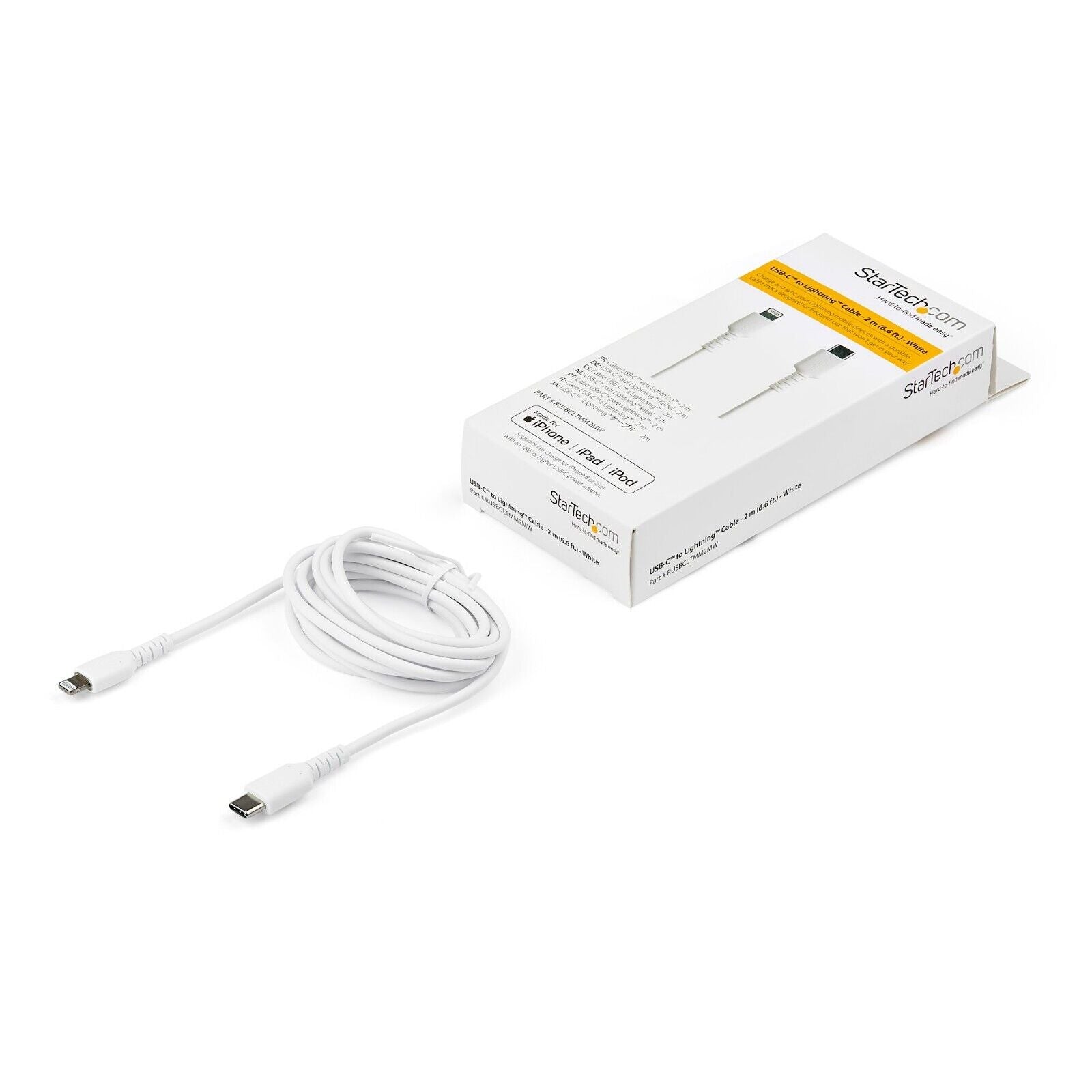 StarTech RUSBCLTMM2MW 6 foot/2m Durable White USB-C to Lightning Cable, Rugged