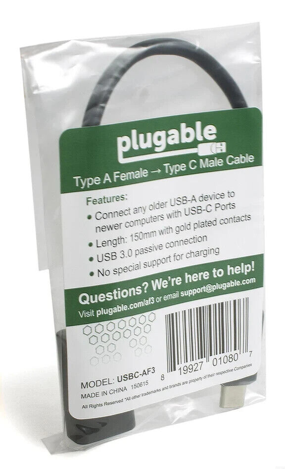 Plugable USBC-AF3 USB C to USB Adapter Cable - Enables Connection of USB Type C