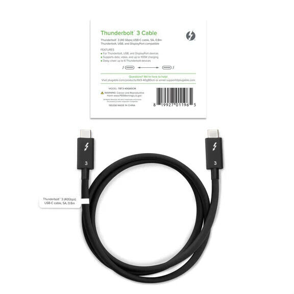 Plugable TBT3-40G80CM Thunderbolt 3 Cable 40Gbps Supports 100W (20V,5A) Charging