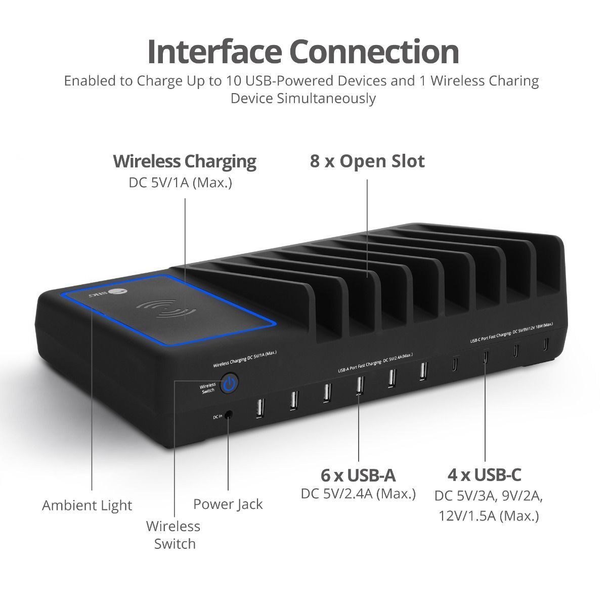 SIIG AC-PW1R11-S1 10-Port USB-A/C & Wireless Charging Station - 150W