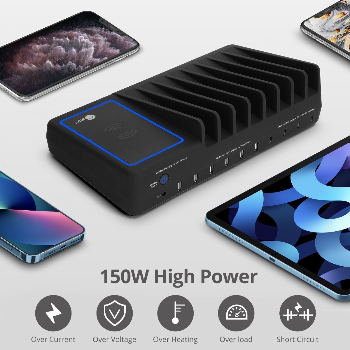 SIIG AC-PW1R11-S1 10-Port USB-A/C & Wireless Charging Station - 150W
