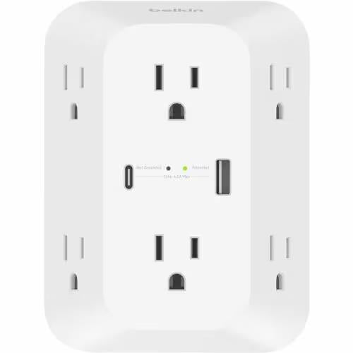 Belkin SRA008P6TT 6 Outlet Surge Protector Power Wall Strip Fast Charge USB-C/A