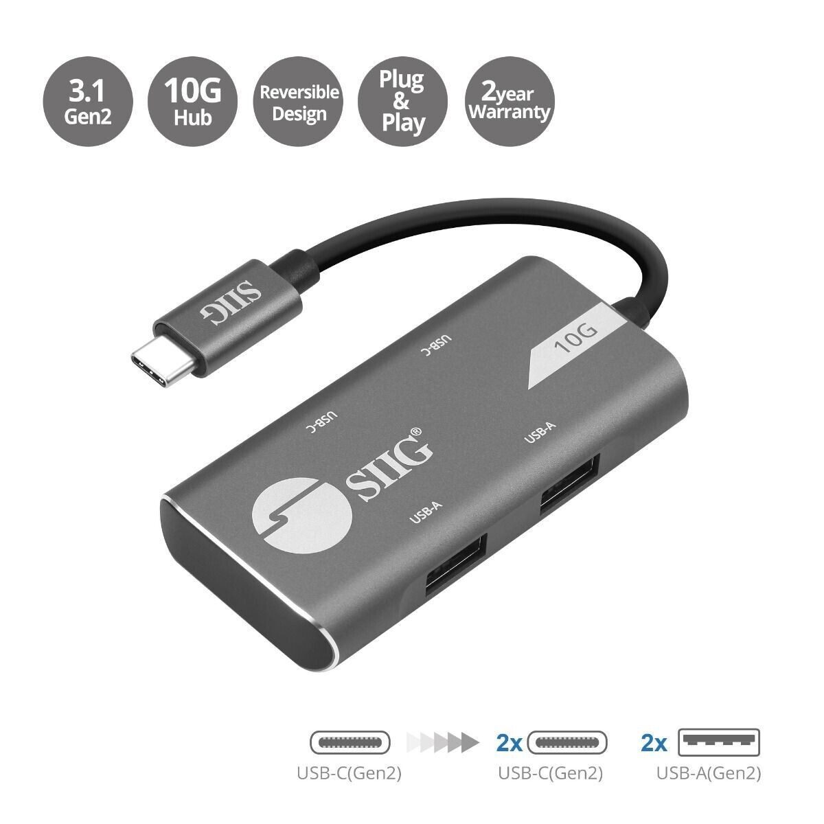 SIIG JU-H40G11-S1 4 Port USB 3.1 Gen 2 10G Hub Type C 2x Type A 2A2C PC MAC Gray