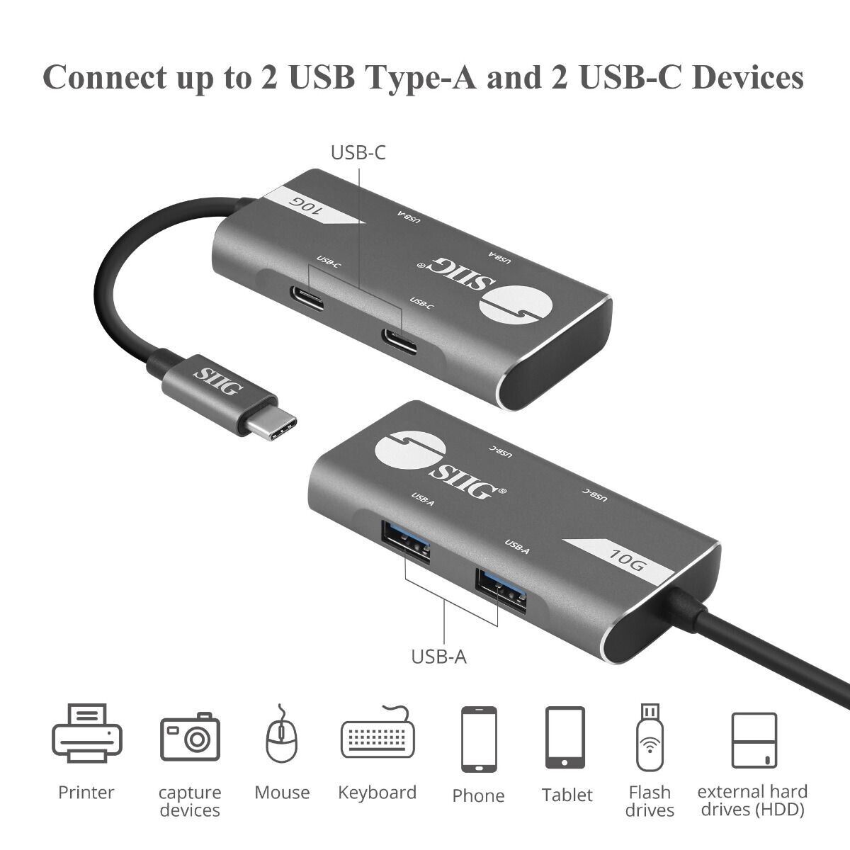 SIIG JU-H40G11-S1 4 Port USB 3.1 Gen 2 10G Hub Type C 2x Type A 2A2C PC MAC Gray
