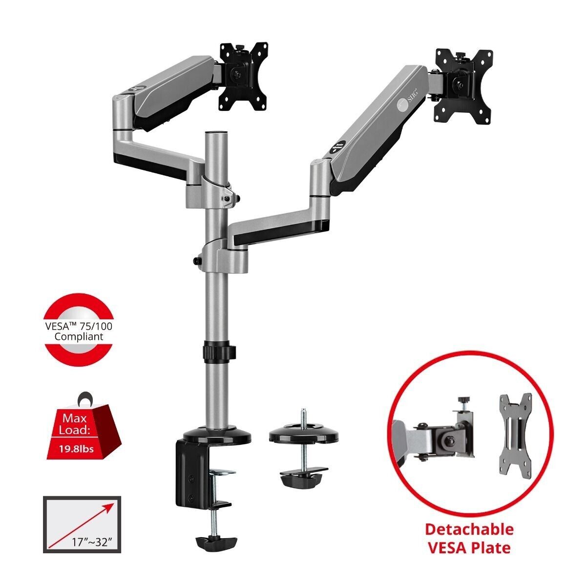 SIIG CE-MT3R11-S1 Dual Stacked Monitor Arm Desk Mount 17"-32" 19lbs VESA 75 100