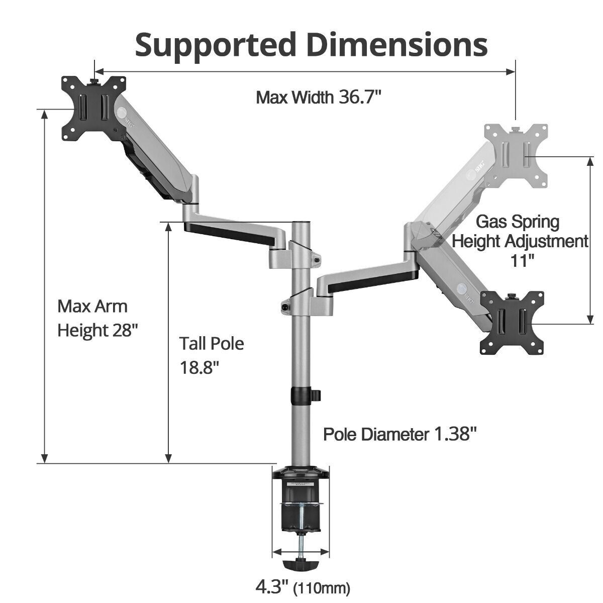 SIIG CE-MT3R11-S1 Dual Stacked Monitor Arm Desk Mount 17"-32" 19lbs VESA 75 100