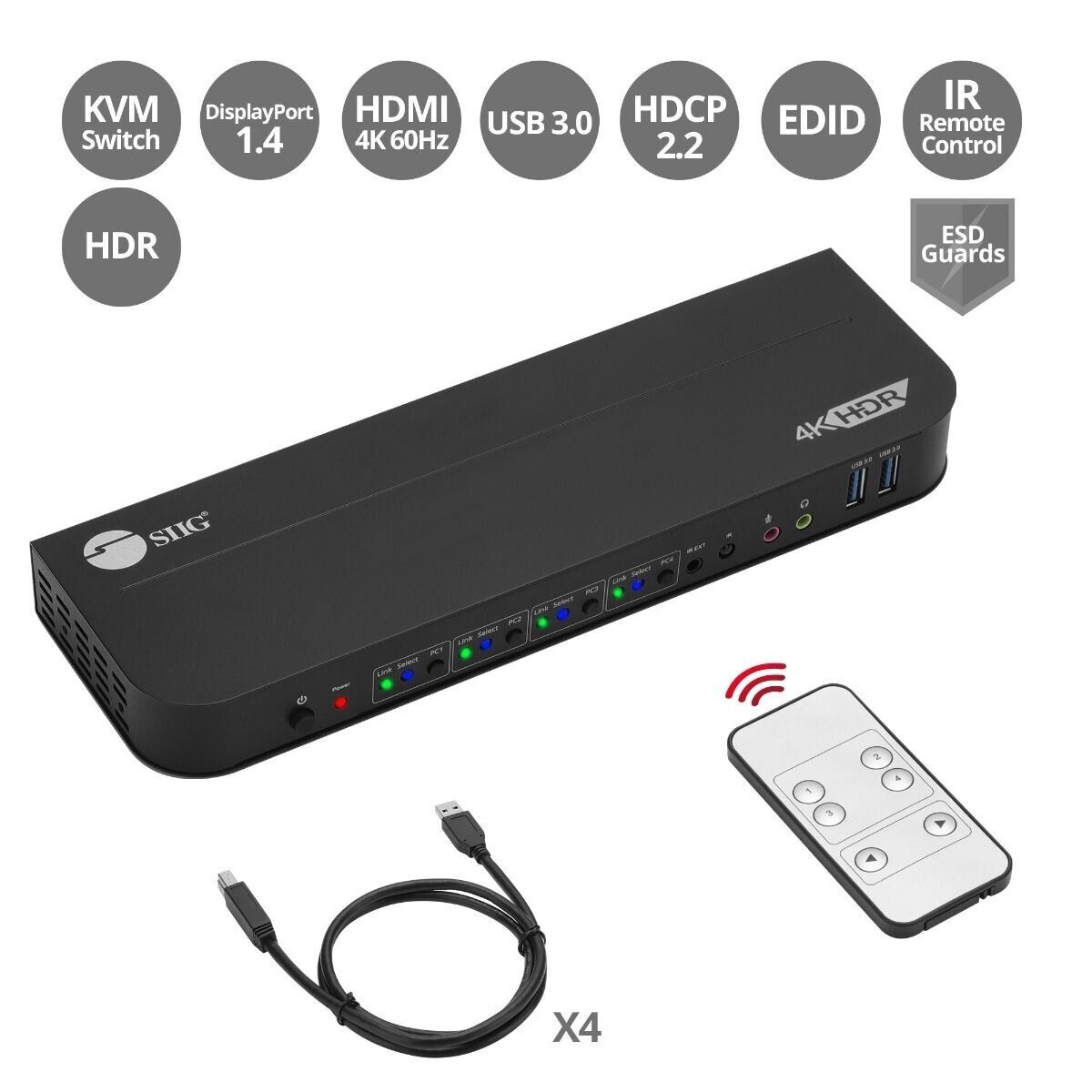 SIIG CE-KV0D11-S1 4x1 DisplayPort 4K KVM USB 3.0 Switch w Remote Control 4K 60Hz