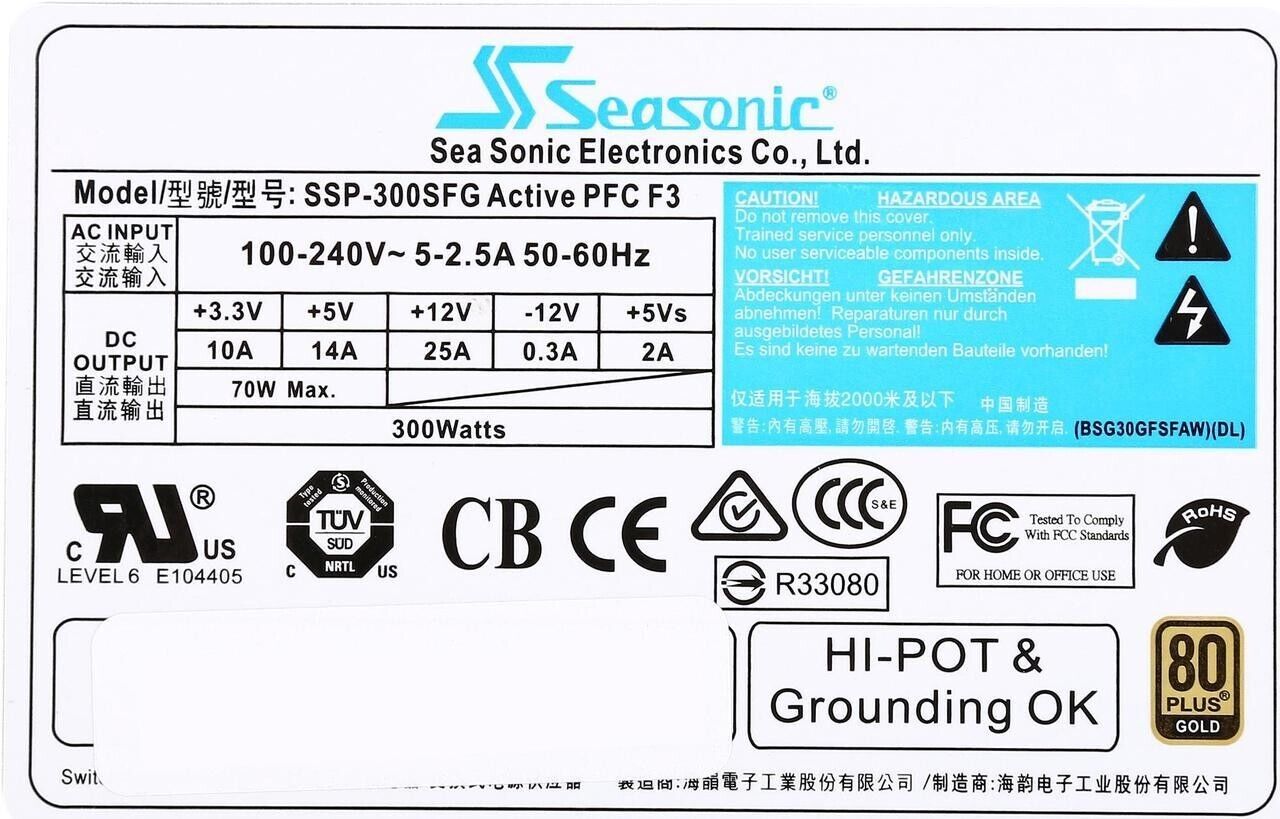 Seasonic SSP-300SFG 300W SFX 80+ Gold Active PFC Slim Design Silent Power Supply