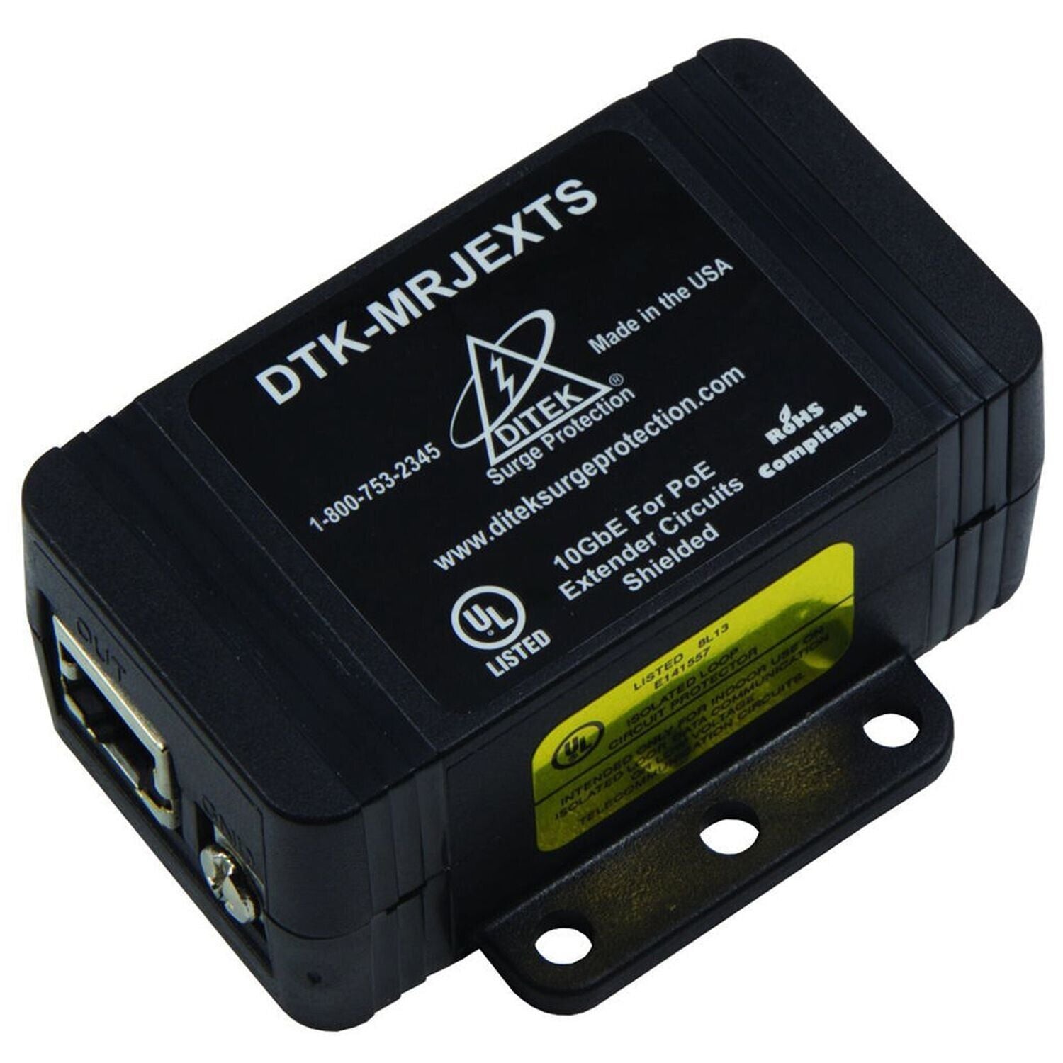 Ditek DTK-MRJEXTS Single Channel 10GbE PoE Extender Protector- Shielded RJ45
