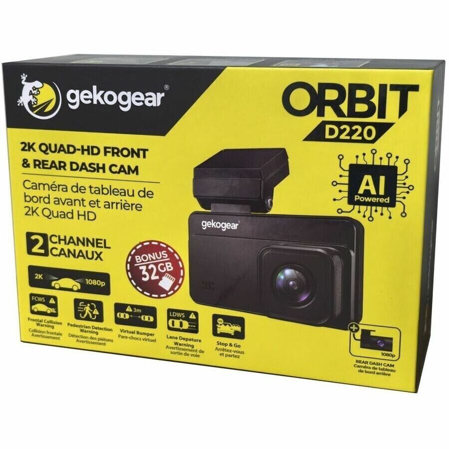 Adesso Orbit D220 GekoGear 3" LCD 2560x1440 2K Q-HD AI Front Back Dash Cam 32GB