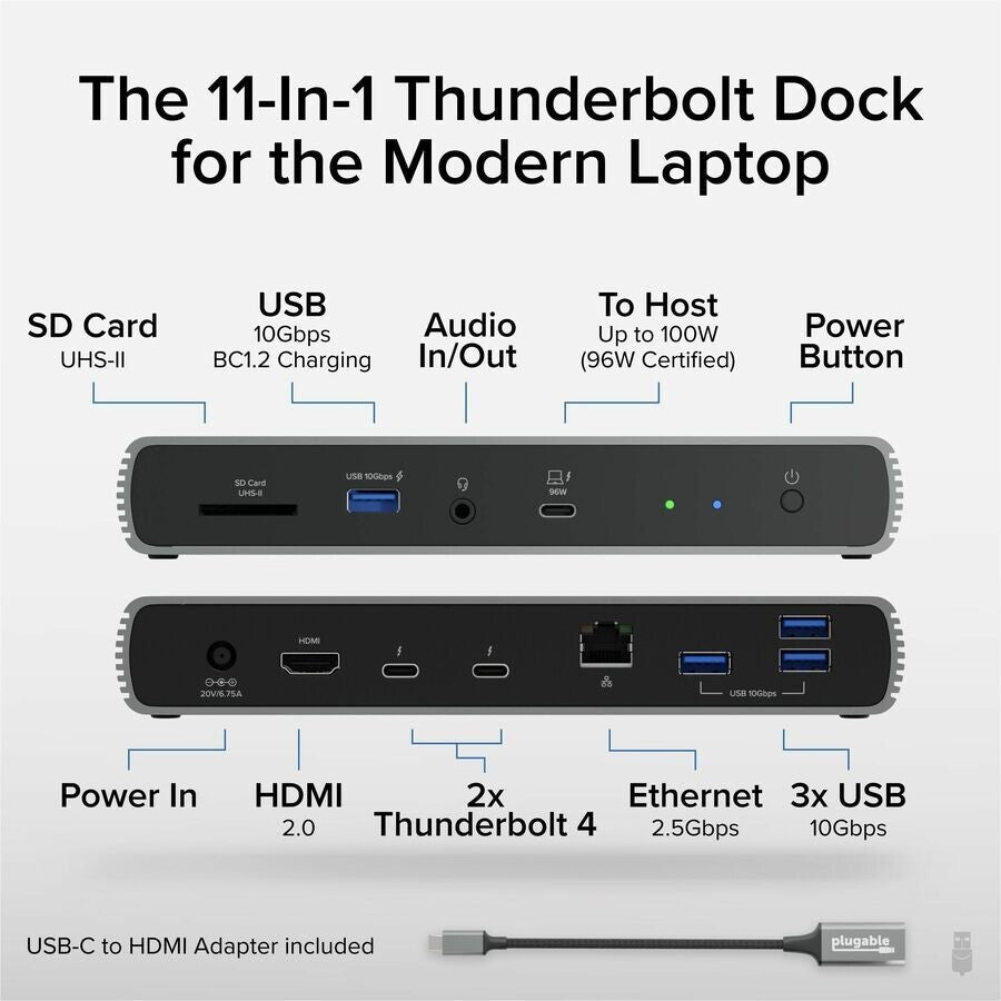 Plugable TBT4-UDX1 Thunderbolt 4 Docking Station Dual Monitor 100W Charging