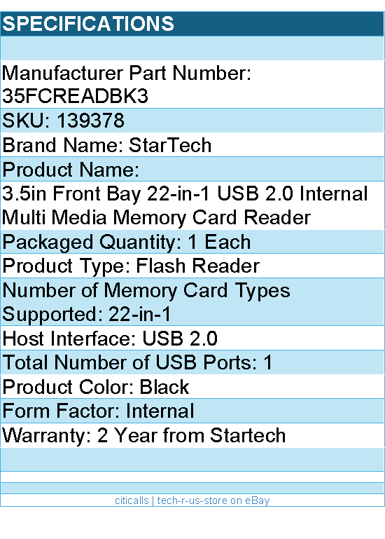 StarTech 35FCREADBK3 3.5inch Front Bay 22in1 USB2.0 Card Reader Black Retail