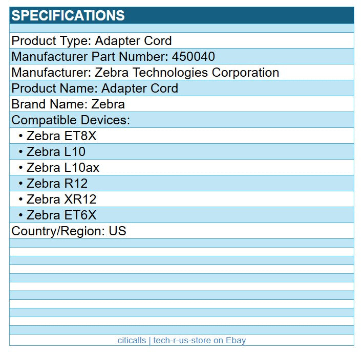 Zebra 450040 Power Cord 3-Prong Rated 230V AC US for ET8X L10 R12 Adapter Black