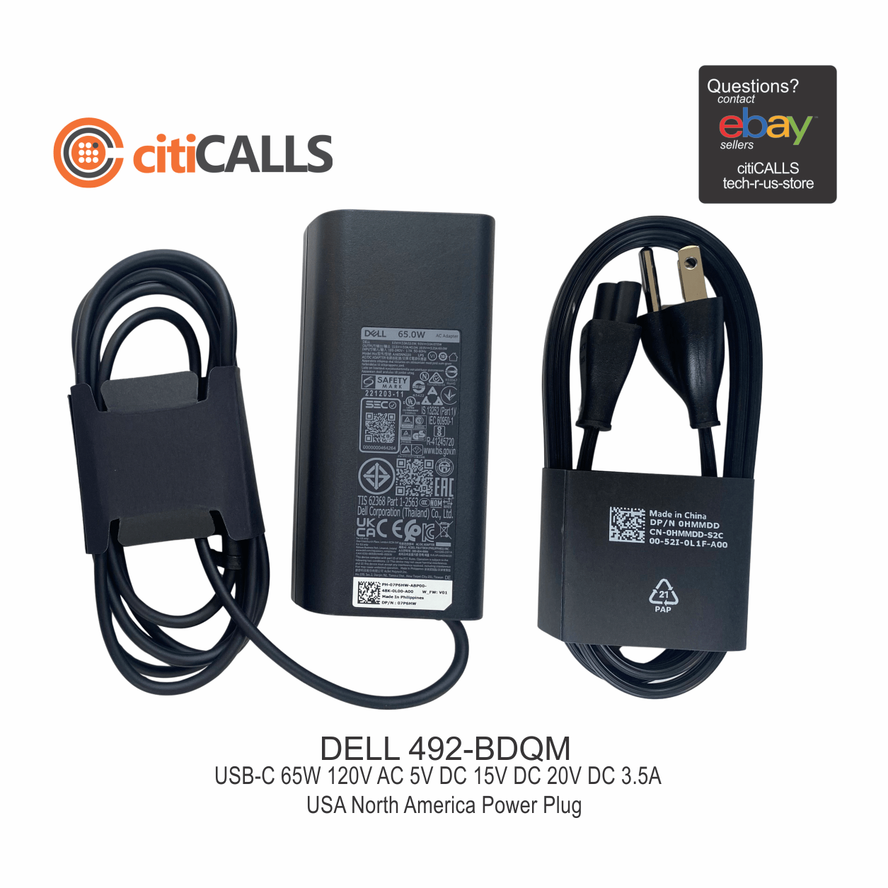 Dell 492-BDQM 65W USB-C AC Adapter LED w 1 Meter US Cord Plug Notebooks Laptops