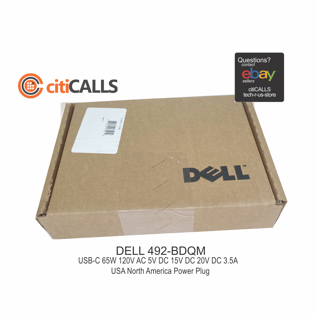 Dell 492-BDQM 65W USB-C AC Adapter LED w 1 Meter US Cord Plug Notebooks Laptops