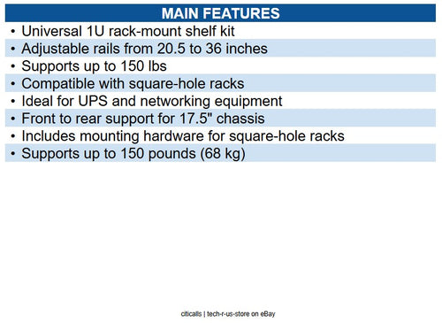 Eaton 4POSTRAILKIT1U SmartRack 4-Post 1U Universal Adjustable Rack-Mount Shelf