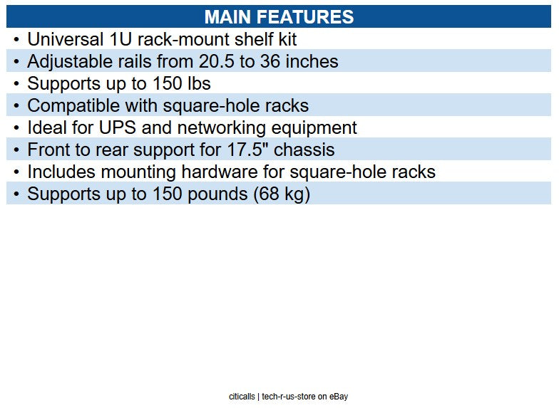 Eaton 4POSTRAILKIT1U SmartRack 4-Post 1U Universal Adjustable Rack-Mount Shelf