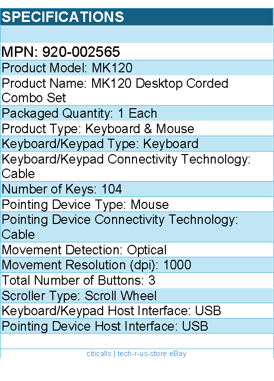 Logitech 920-002565 Keyboard & Mouse Desktop Mk120 Wired USB Retail