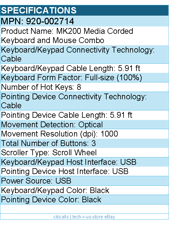 Logitech 920-002714 Keyboard Mouse MEDIA COMBO MK200 USB Retail - Black